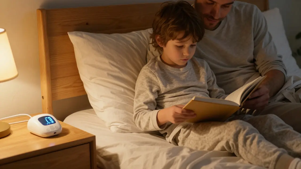 Rodič a dítě společně čtou pohádku před spaním v klidné pokoji.