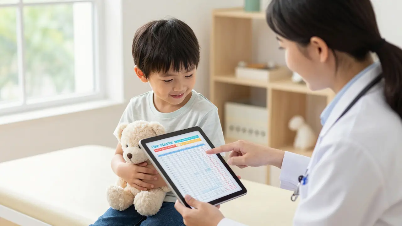 Rodič a dítě spolu s lékařem prohlížejí graf močení v dětské ordinaci, klidná a podporující atmosféra.