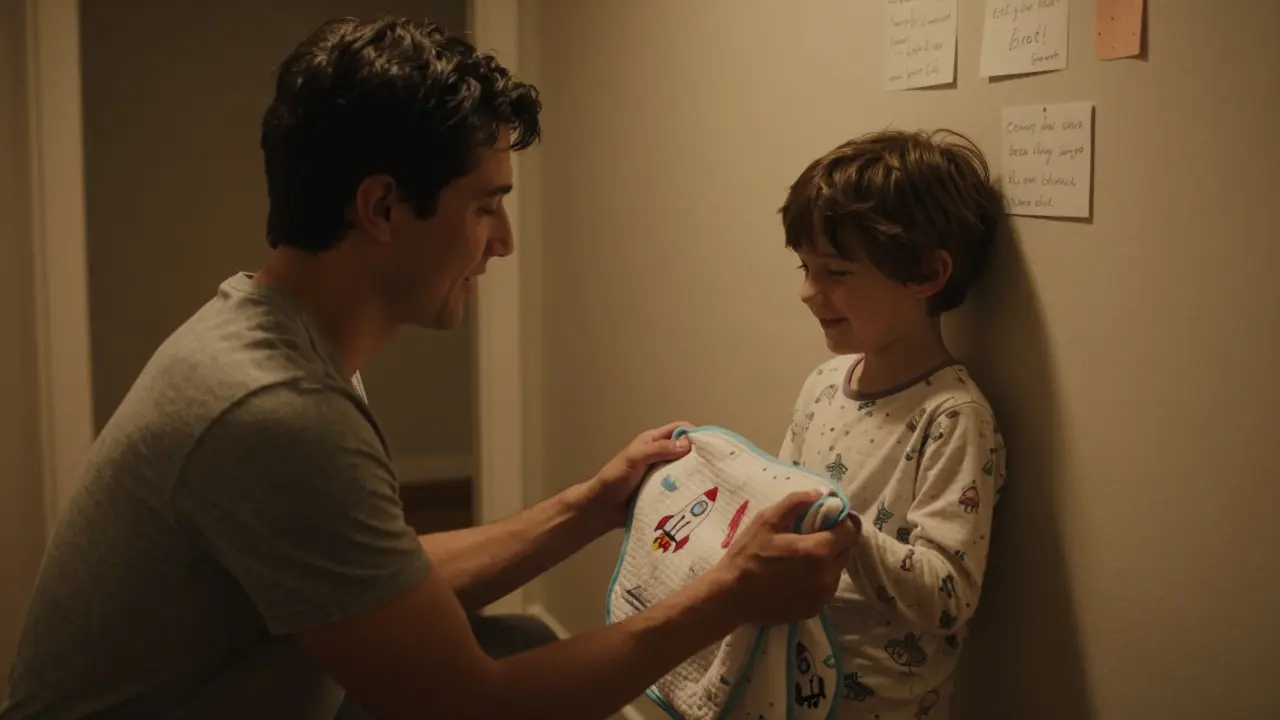 Rodič podává dítěti čisté pyžamo po nočním močení, oba se usmívají v tichém světle.