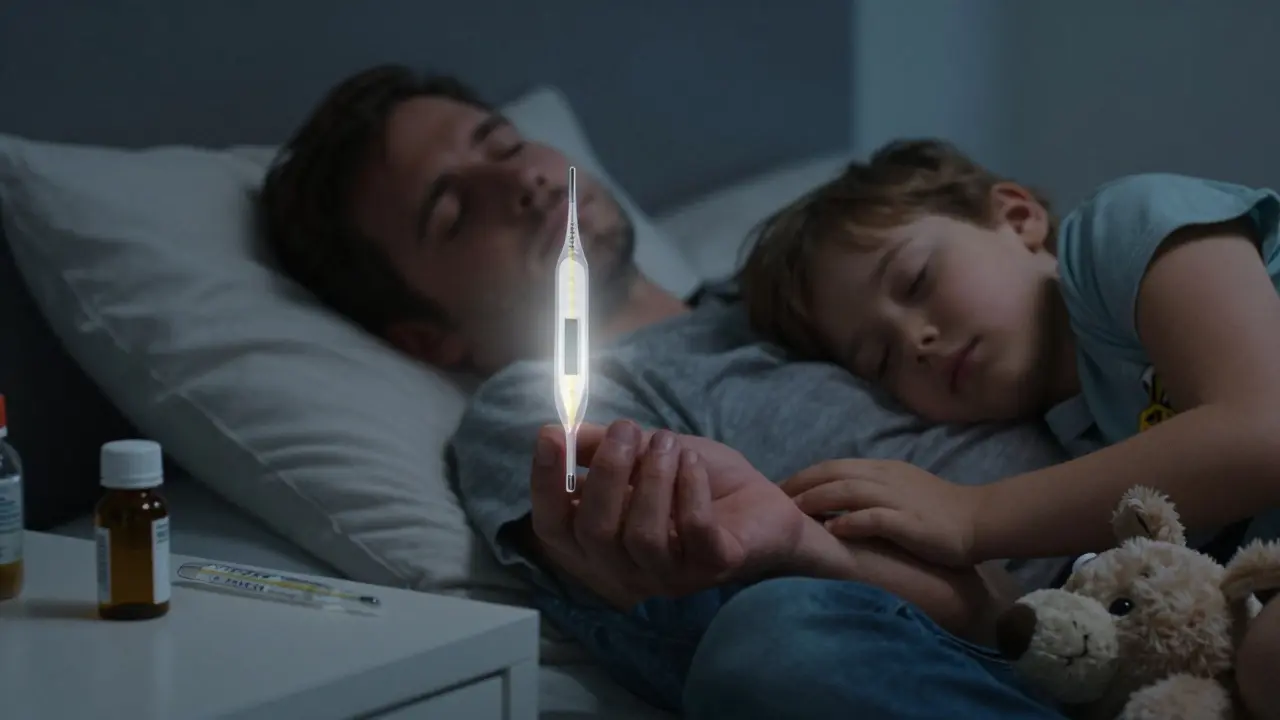 Rodič sedí u spícího dítěte v noci, klidná scéna s důrazem na péči a pozornost.