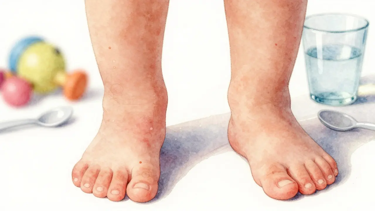 Strana dítěte ruky a nohy s typickými vyrážkami syndromu ruka-noha-ústa, v pozadí domácí předměty.