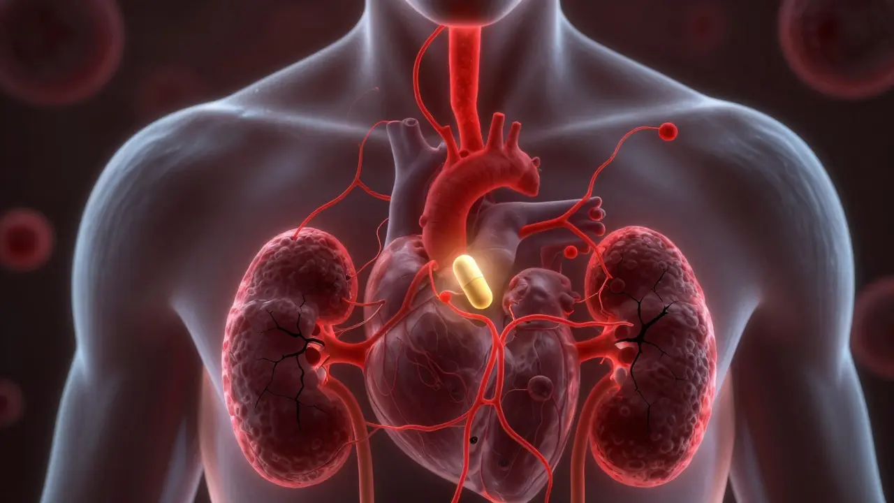 Transparenční obrázek těla s bakteriemi šířícími se k srdci a ledvinám, antibiotikum jako záchranný prvek.