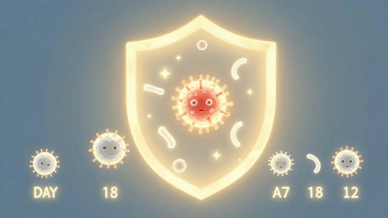 Umělecká reprezentace imunitního systému, jak vytváří protilátky proti oslabenému viru během 12 dní.