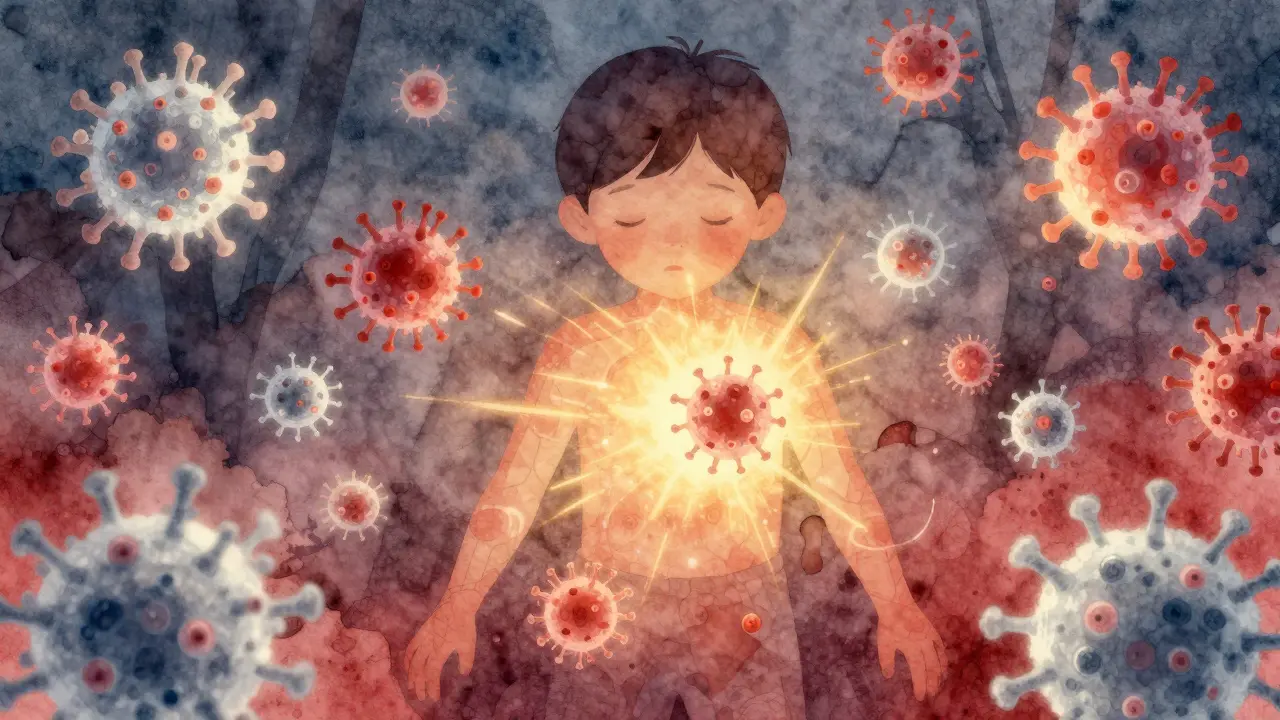 Umělecké znázornění imunitního systému bojujícího proti virům u dítěte s teplotou.