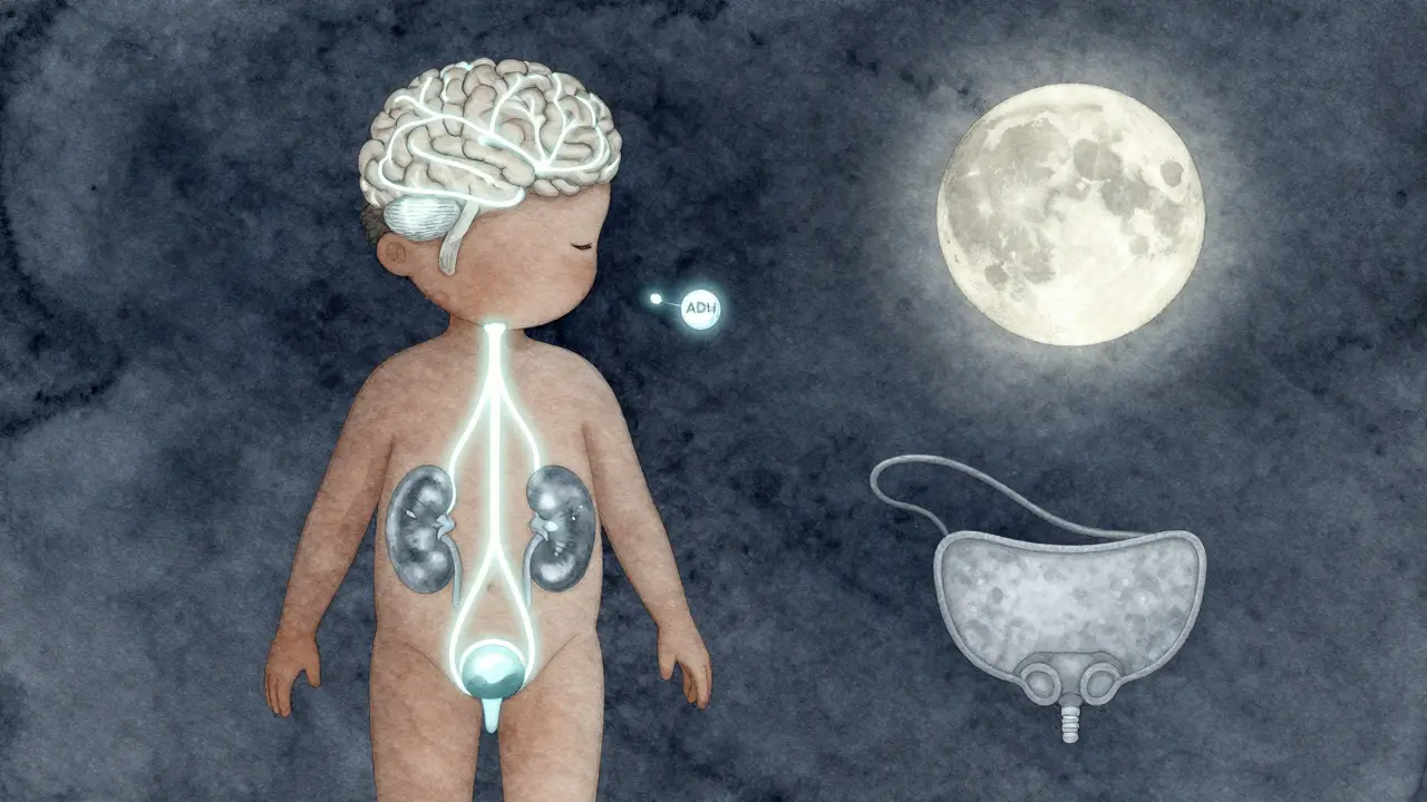 Umělecké znázornění komunikace mezi mozkem a močovým měchýřem během spánku s hormonem ADH.