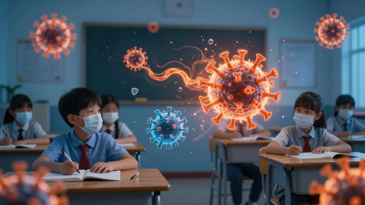 Virus se šíří vzduchem ve třídě, někteří děti jsou chráněni, jiní ne.