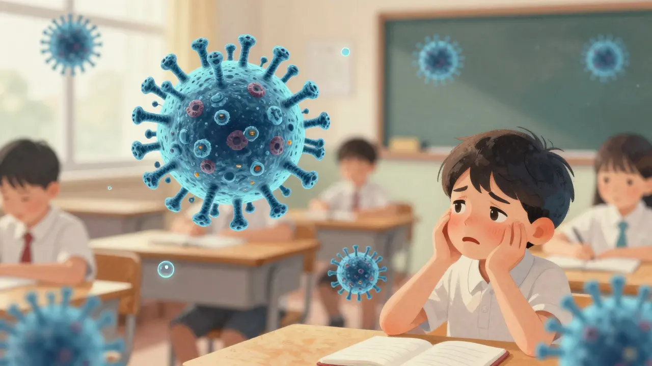 Virusové částice se šíří kapénkami ve třídě mezi dětmi.