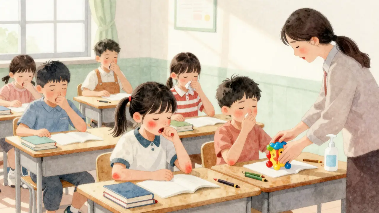 Děti ve třídě kašlou do lokte, učitelka čistí hračku, jedno dítě má vyrážku na ruce.