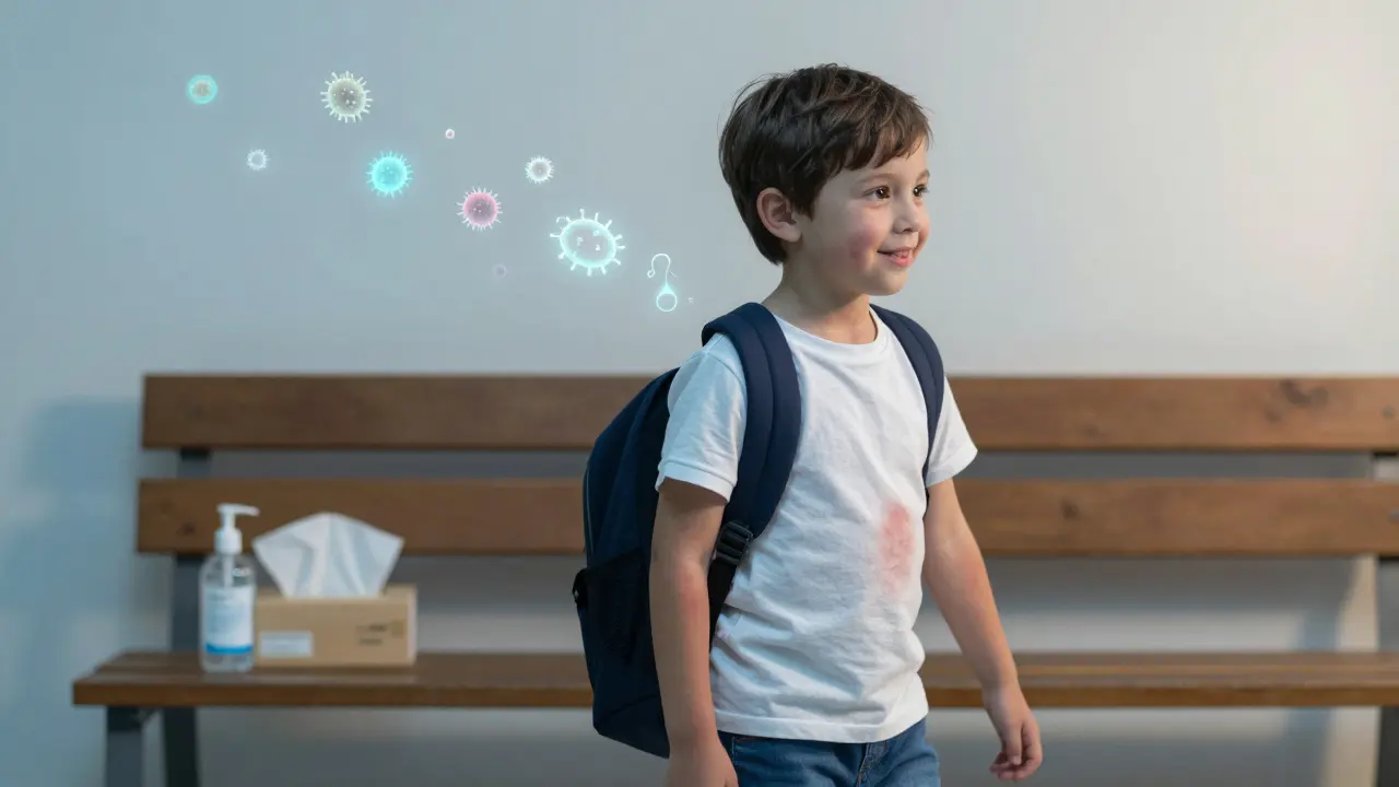 Dítě jde do školy po léčbě antibiotiky, vyrážka zaniká, v pozadí hygienické potřeby.