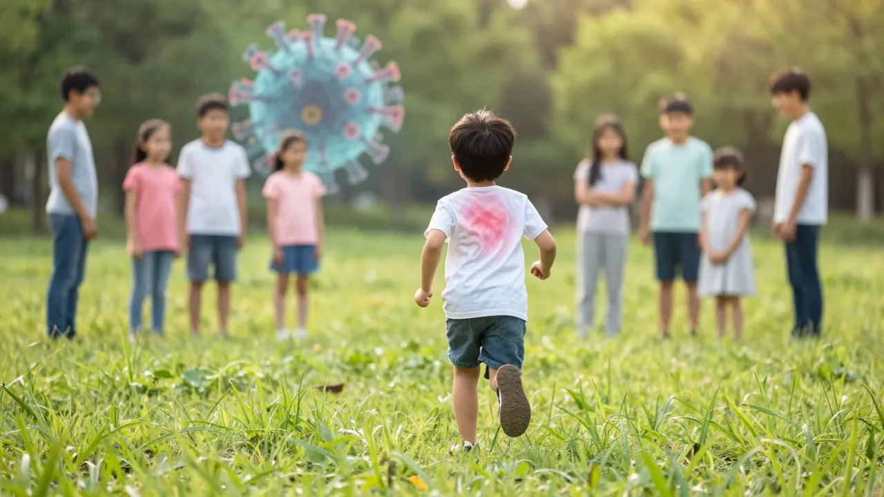 Dítě s vyrážkou běží k přátelům, zatímco virus za ním zmizí — symbolizuje uzdravení a návrat ke společné hře.