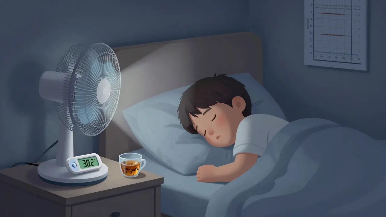 Dítě spí v klidné, chladné místnosti s větrákem a teploměrem ukazujícím 38,2 °C.