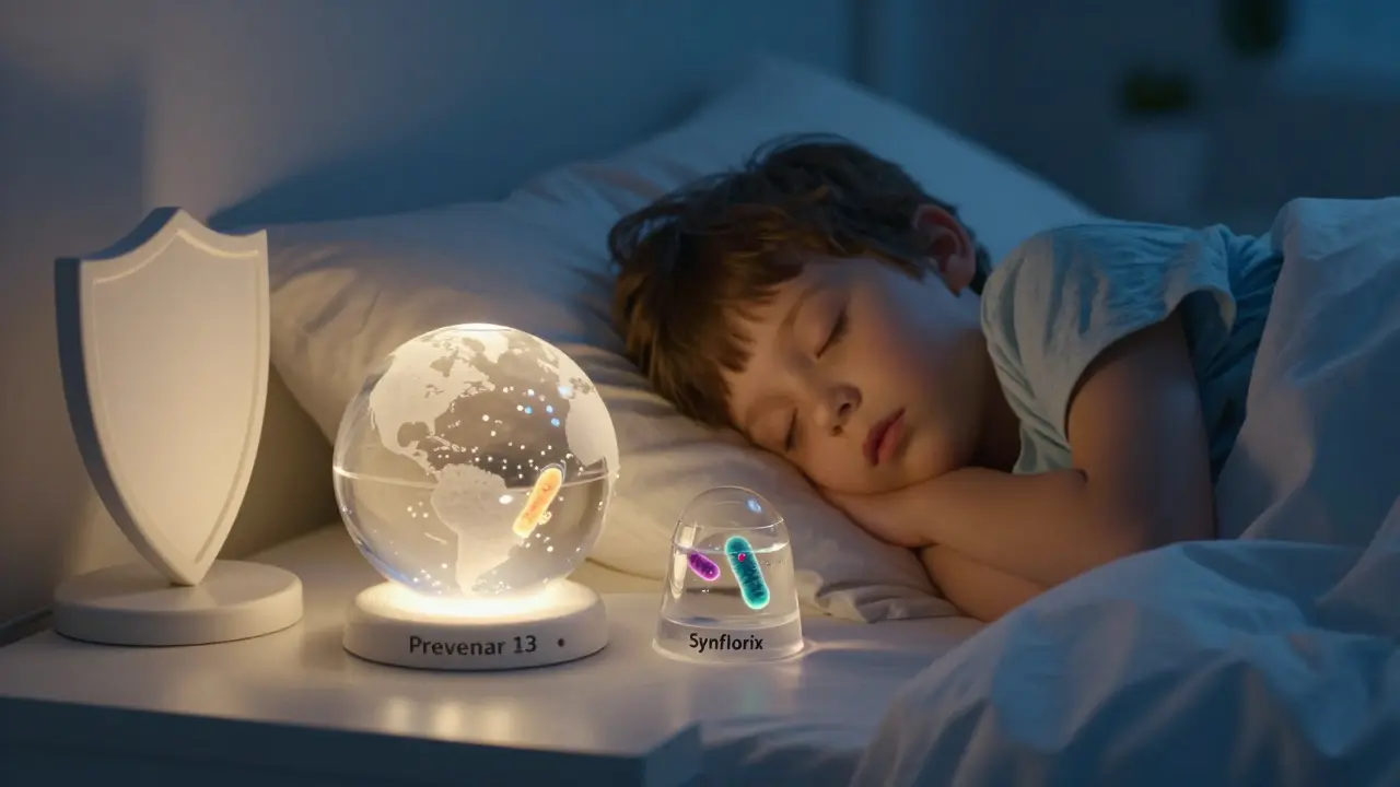 Dítě spí, zatímco vakcína Prevenar 13 chrání před více typy bakterií než Synflorix.