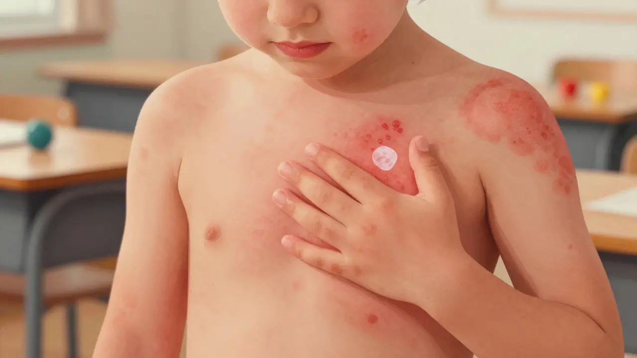 Dítě stiskne rukou červenou vyrážku na hrudi, zůstává bělavá skvrna, v pozadí škola.