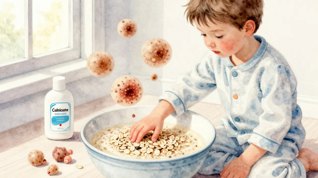 Dítě v pyžamu, koupel s ovesnou moukou a látkou kalamínu, puchýřky se mění v krusty.