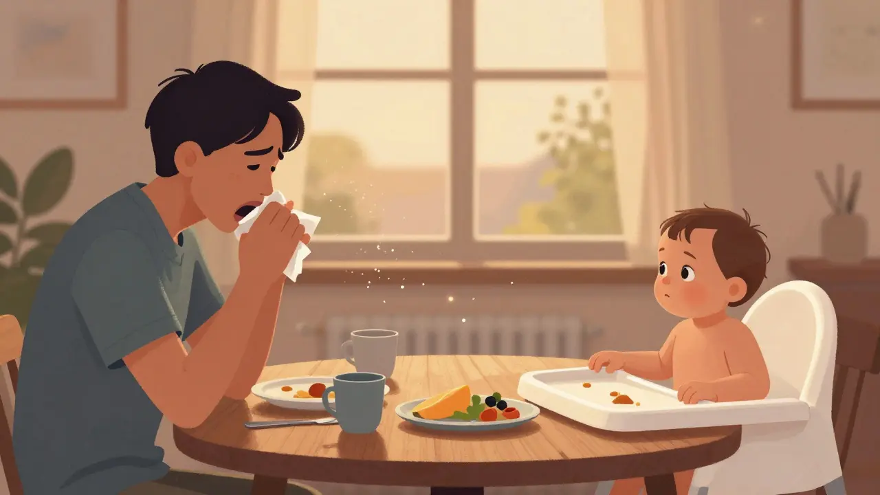 Dospělý kašlí přes večeři, zatímco novorozenc pozoruje z vysokého křesla.