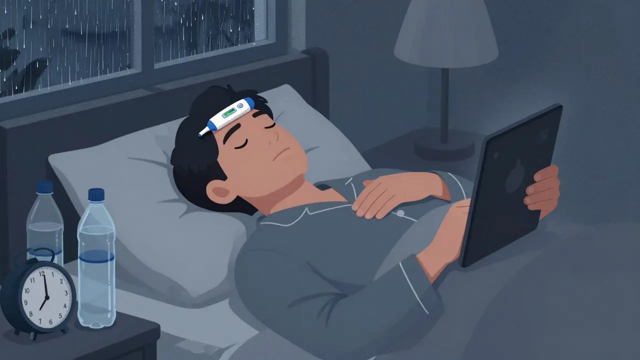 Dospělý v pyžamu leží v posteli s prázdnými lahvemi vody a deštěm za oknem.