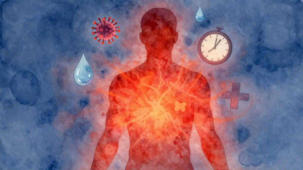 Kontur lidského těla s teplem a symboly infekce, vody a hodiny v vodové malbě.