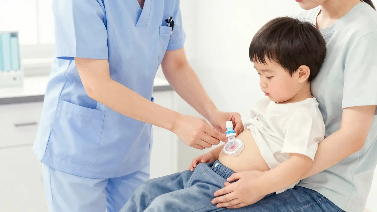 Lékař sbírá moč pomocí vakučku u dítěte na kolenou rodiče