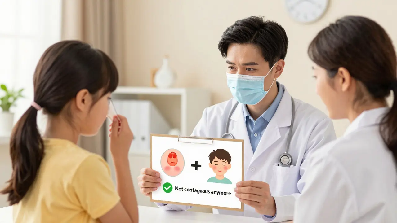 Lékař vysvětluje rodičům, že vyrážka z infekčního erytému už není nakažlivá.