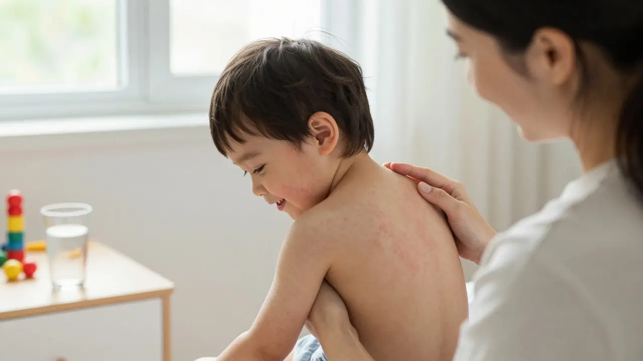Matka pozoruje, jak se na dítěti objevuje růžová vyrážka po odeznění horečky.