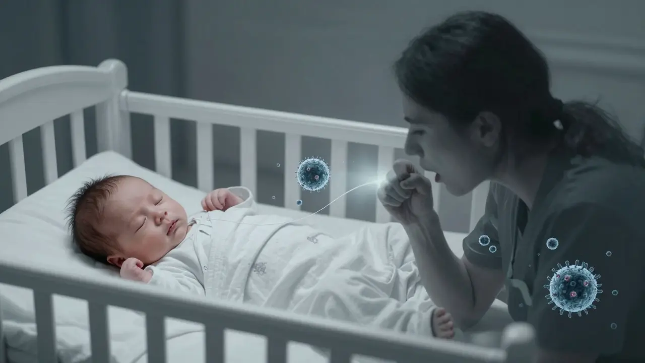 Novorozenc spí v kojenci, zatímco z jeho obrazu stoupají bakterie křečového kašle.