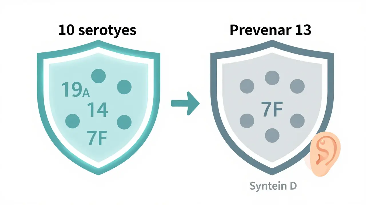 Porovnání ochrany vakcín Synflorix a Prevenar 13 proti různým typům pneumokoků.