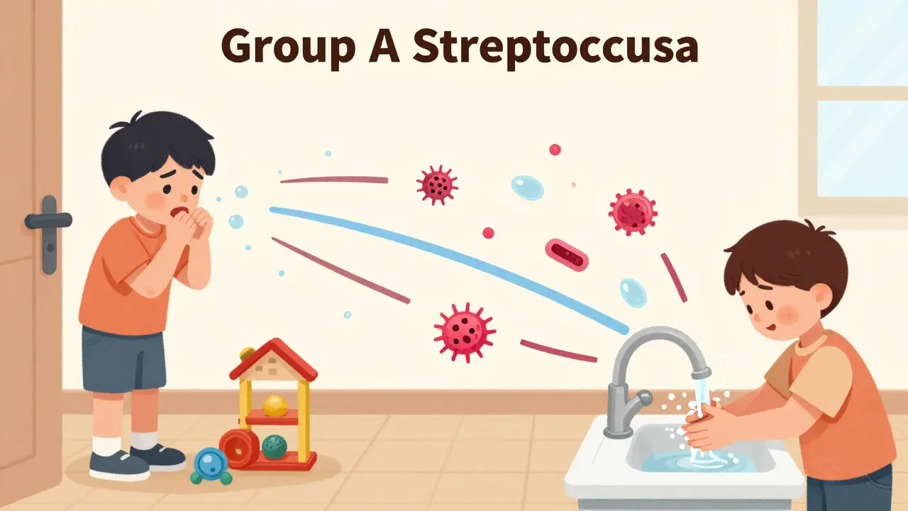 Přenos streptokoku mezi dětmi ve škole a prevence mytím rukou.