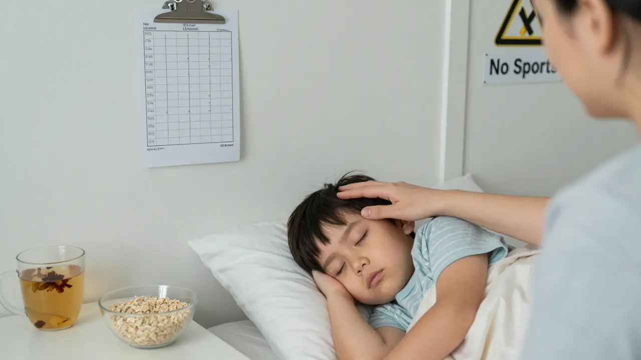 Rodič měří teplotu dítěti, které spí, v pozadí je vidět varování proti sportu.
