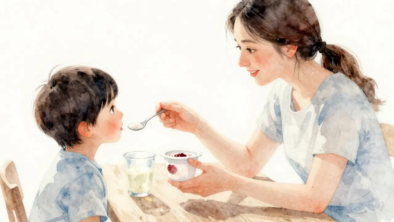 Rodič podává dítěti jogurt a chladný nápoj