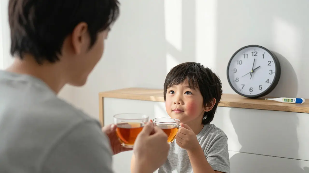 Rodič pozoruje zdravě hrající dítě večer s teplotou 38,8 °C, důraz na pohodlí místo čísla.