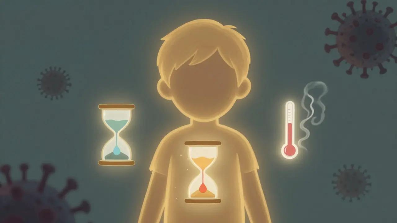 Symbolický obraz těla dítěte, které bojuje s horečkou, zatímco viry ustupují.