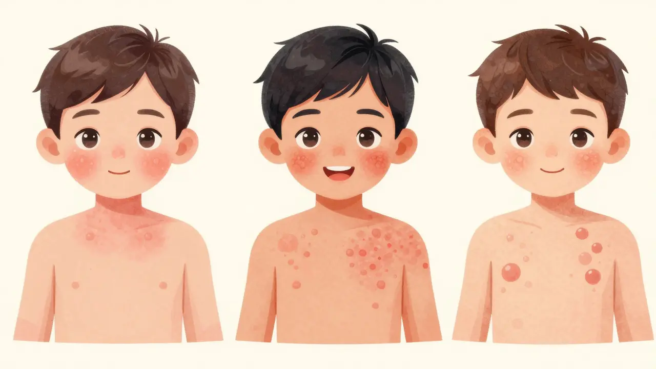 Tři děti s různými vyrážkami: zarděnky, spalničky a neštovice.