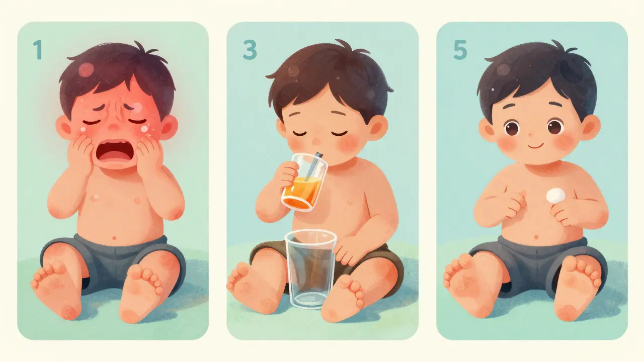 Tři obrazové scény znázorňují vývoj syndromu ruka-noha-ústa: den 1, den 3 a den 5, s postupným zlepšováním dítěte.