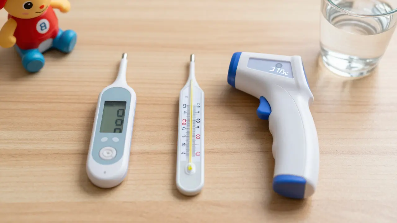Tři typy teploměrů na stole s ukázkami různých teplot.