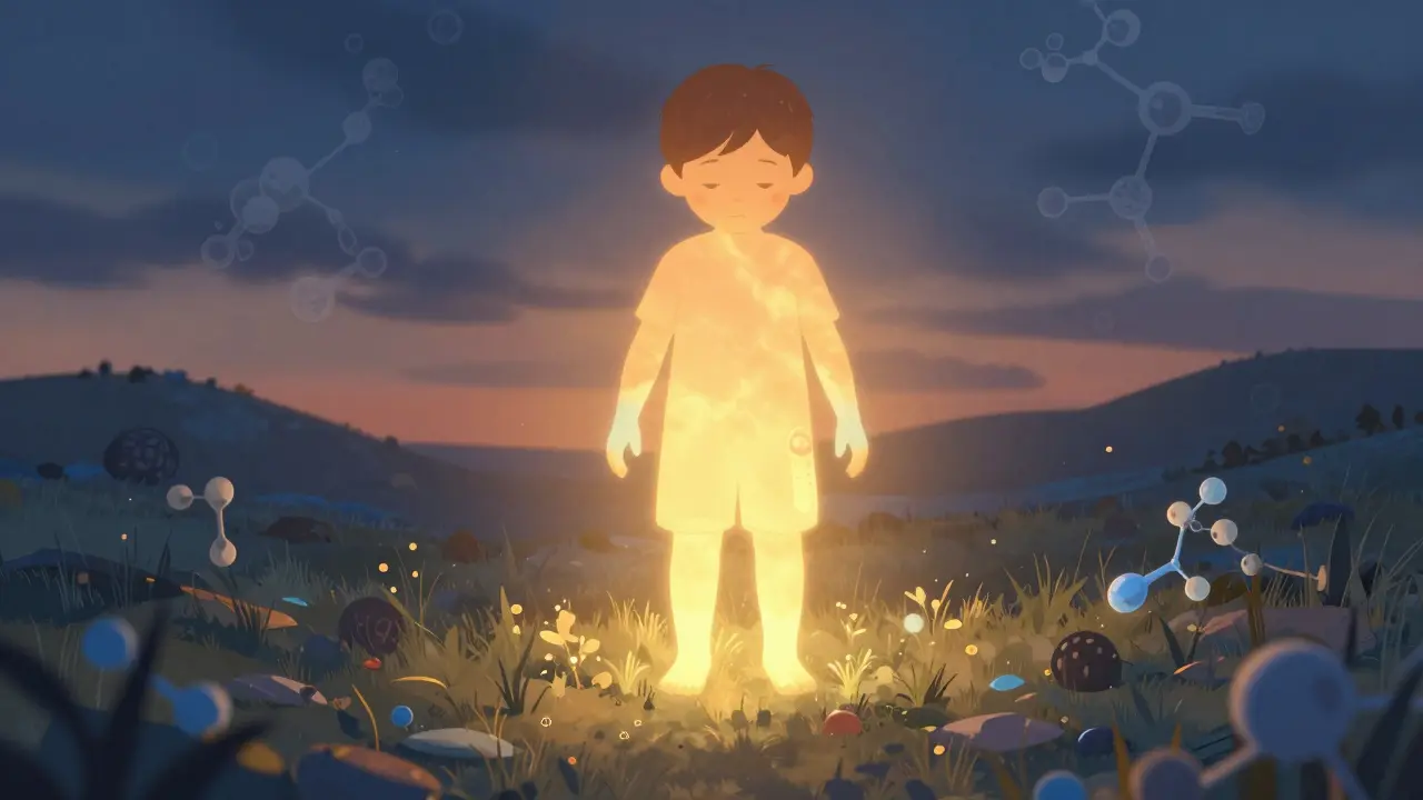 Umělecké znázornění těla dítěte s teplem v jádře a chladem v končetinách při horečce.