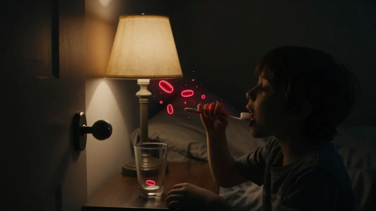 V domácnosti se bakterie šíří z úst dítěte na kapesník, kohoutek a zubní kartáček ve tmě.