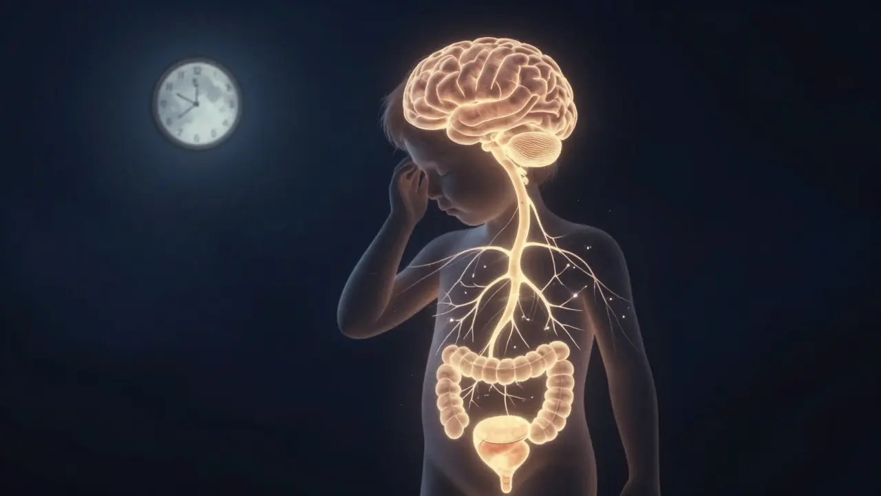 Abstraktní znázornění nervových spojení mezi močovým mechovou a mozkem dítěte, zářící zlatou světelnou cestou v noci.