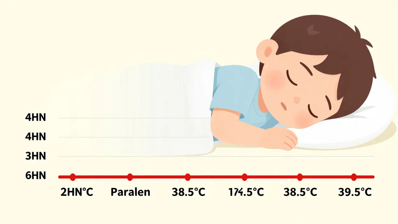 Časový plán střídání léků proti horečce u dítěte s ukázkou teplotních výkyvů.