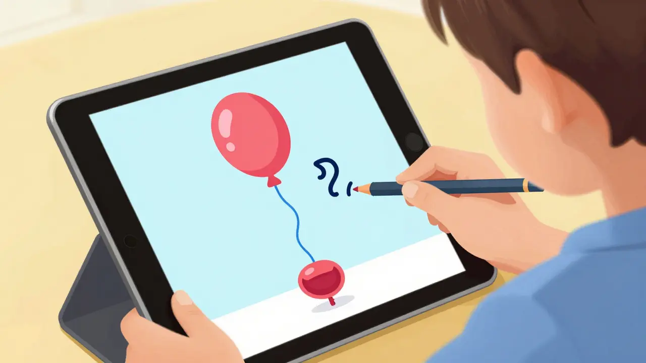 Dítě hraje hru s obrazovkou, kde balón představuje močový měchýř.