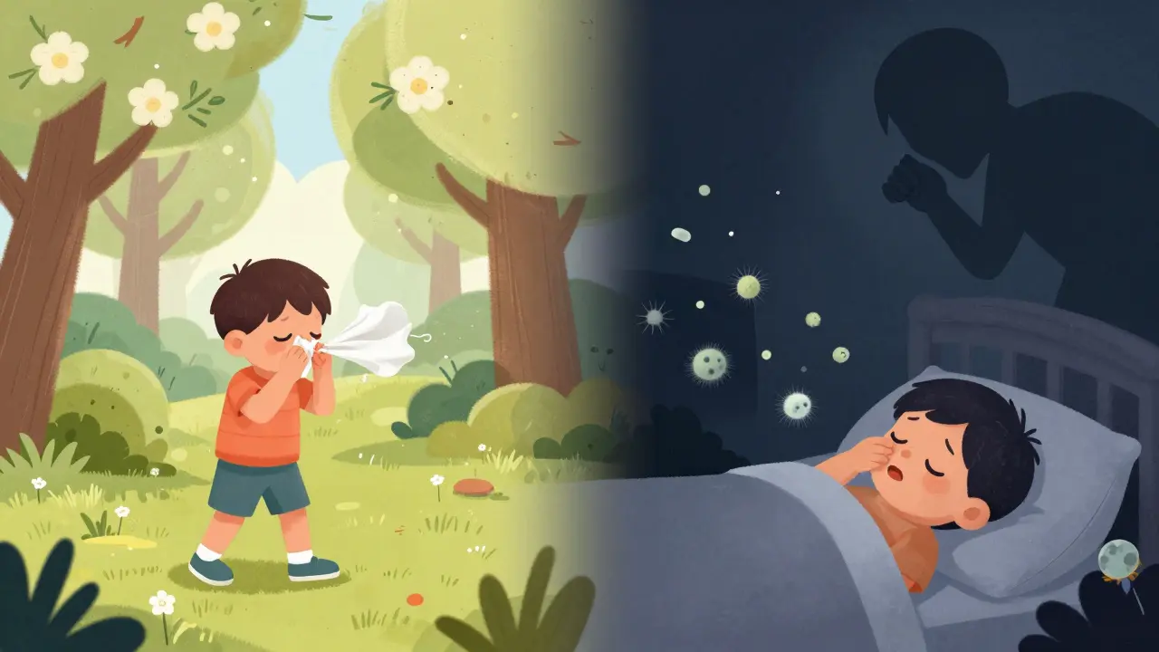 Dítě hraje venku s pylí a v noci kašle v posteli, kde se hromadí alergény.