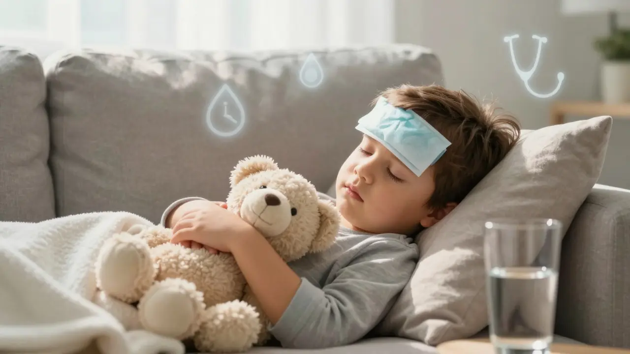 Dítě odpočívá na pohovce s chladným obkladem na čele a sklenicí vody.