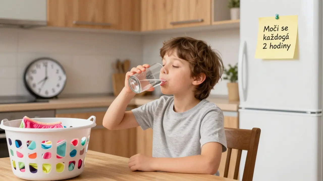Dítě pije vodu v kuchyni, na stole je připomínka k pravidelnému močení, viditelné bavlněné podpěry.
