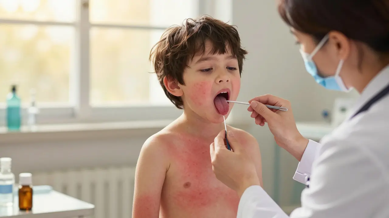 Dítě s jahodovým jazykem a vyrážkou na hrudníku, lékař provádí test z hrdla.