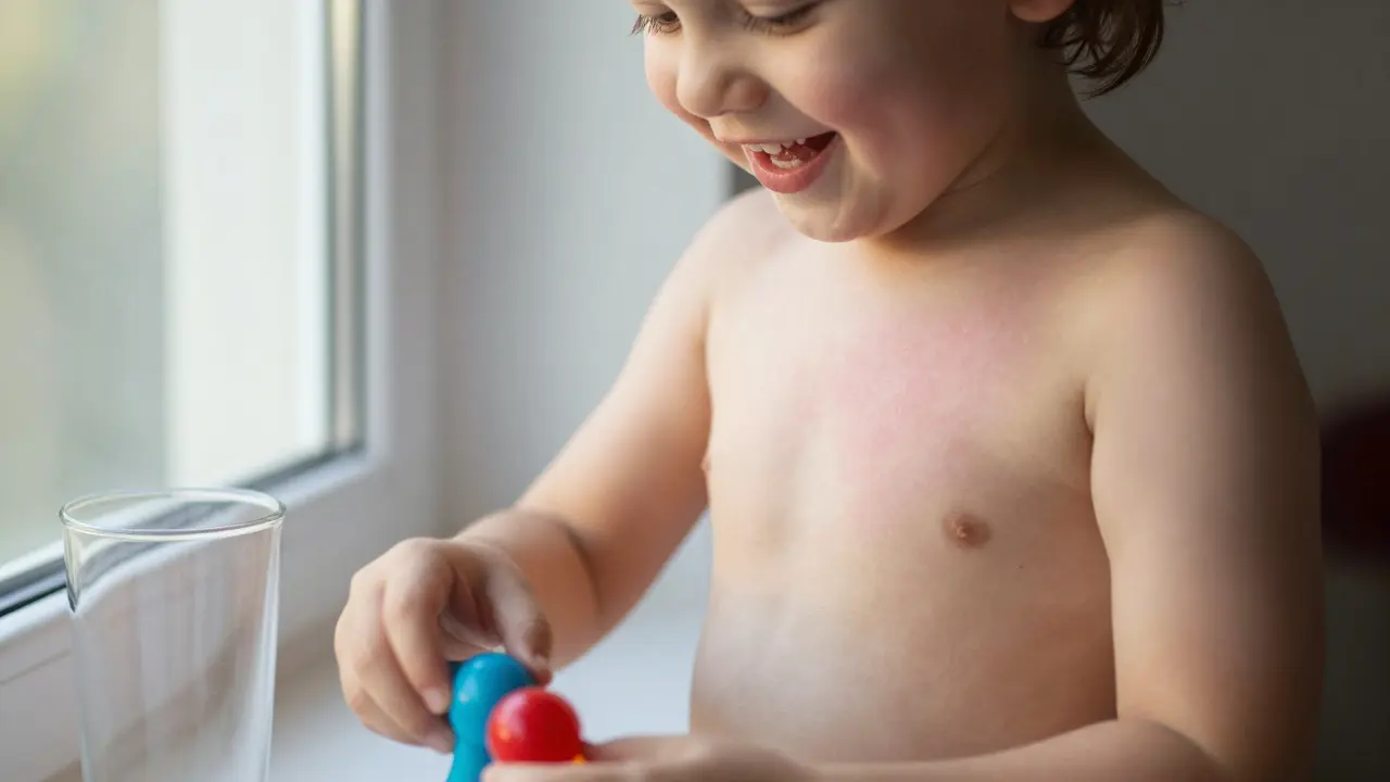 Dítě s jemnou růžovou vyrážkou na hrudi se směje, za tím skleněný pohár.