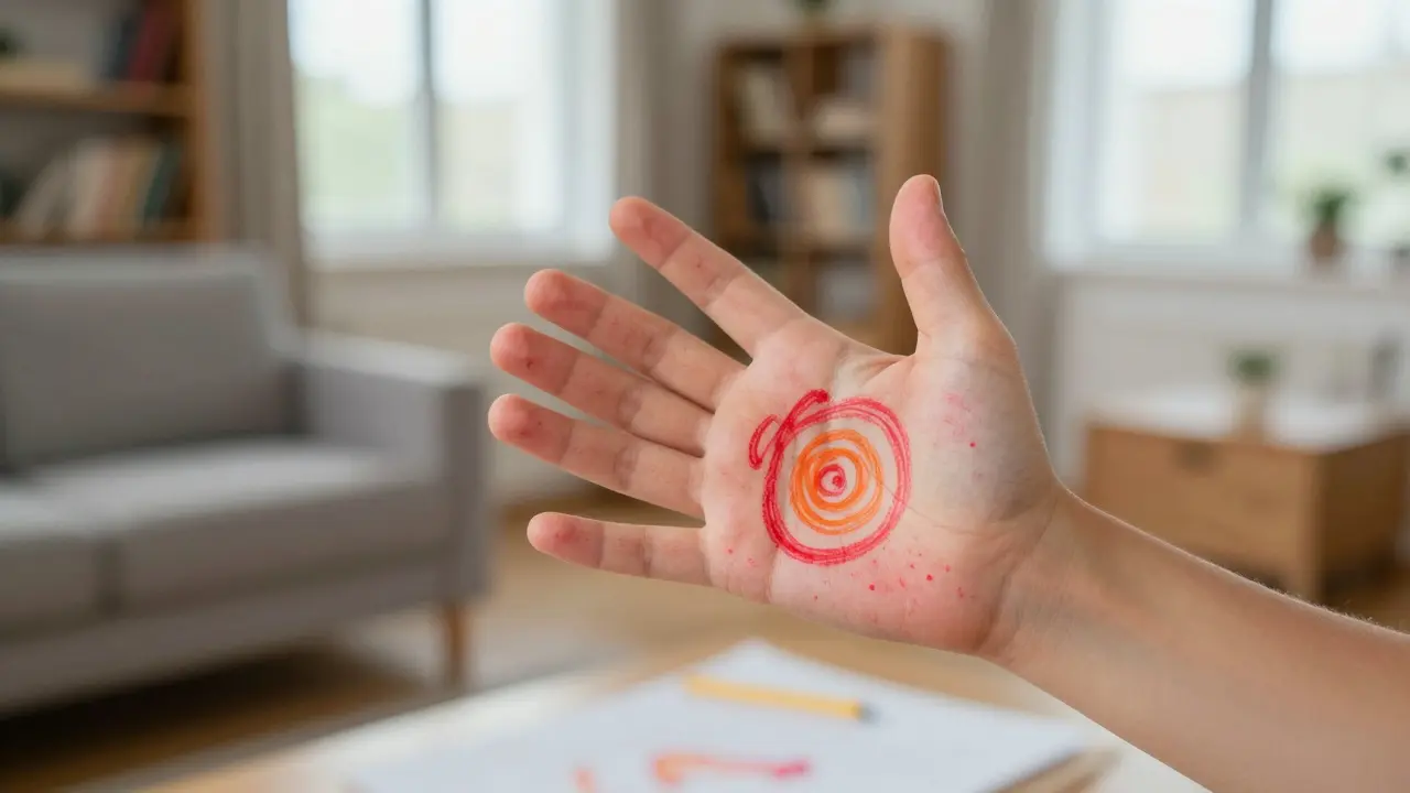 Dítě se dotýká kresby s červenými tvaru, skvrny na dlaních se shodují s barvami kresby.