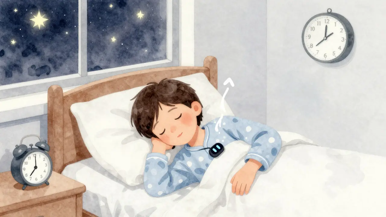 Dítě se probouzí zvukem alarmu při nočním pomočování, hvězdy svítí venku.