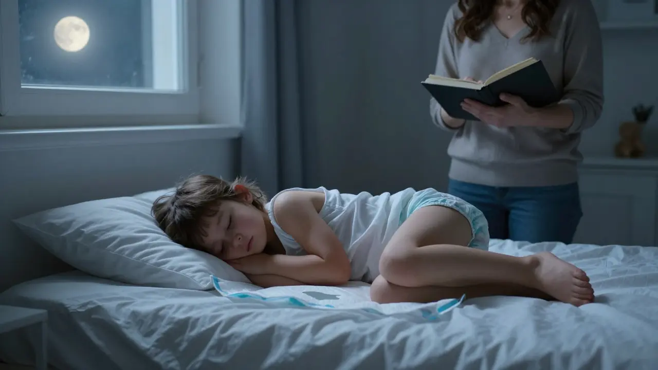 Dítě spí na vodotěsné podložce bez pleny, v měsíčním světle, matka pozoruje mokrou postel.