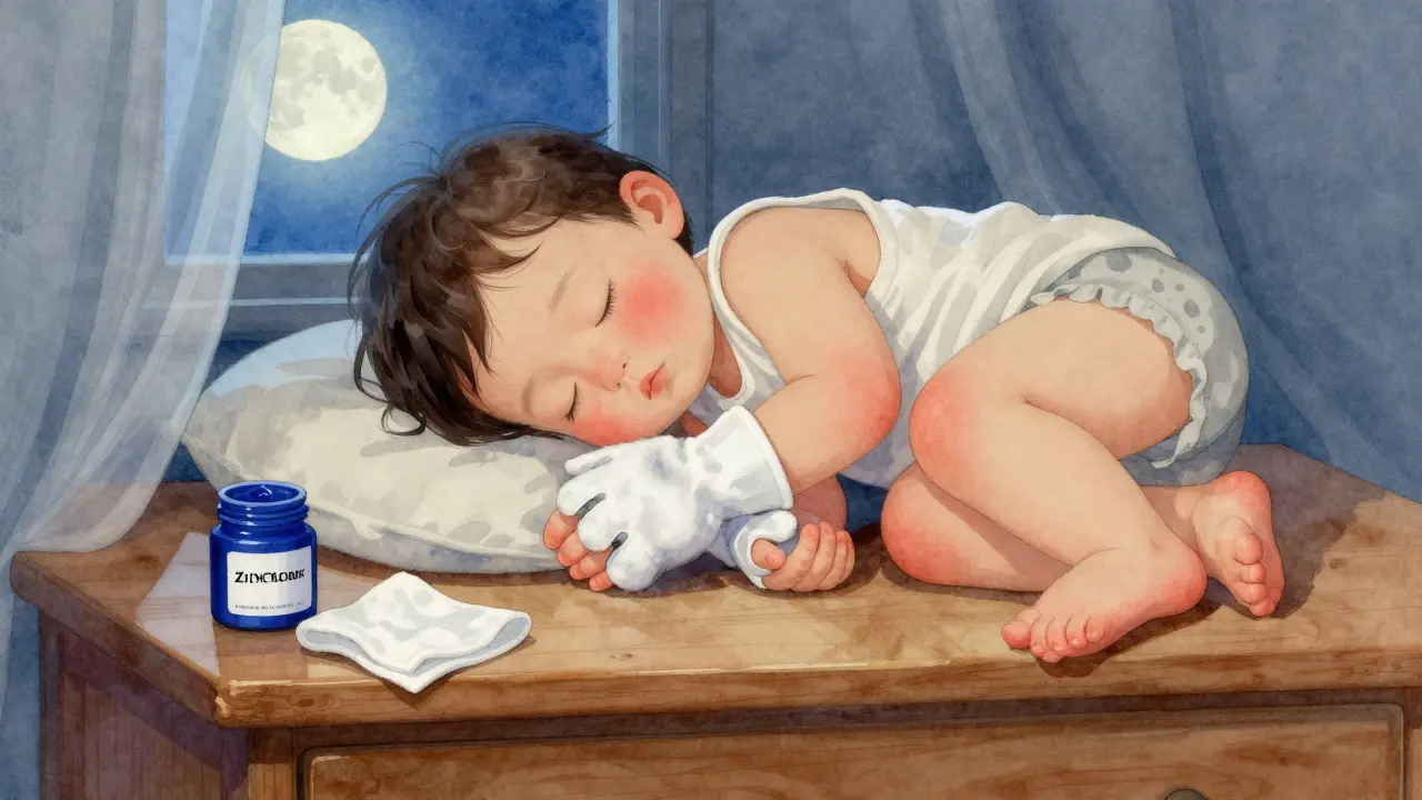 Dítě spí s bavlněnými rukavicemi, viditelná vyrážka na rukou a nohách, klidná noční scéna s přírodními léčivými prvky.