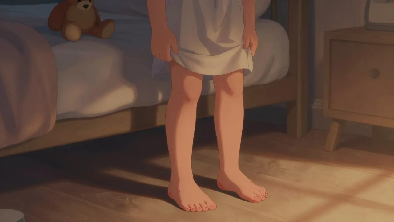 Dítě stojí boso na podlaze, červené skvrny na chodidlech, klidné večerní osvětlení.