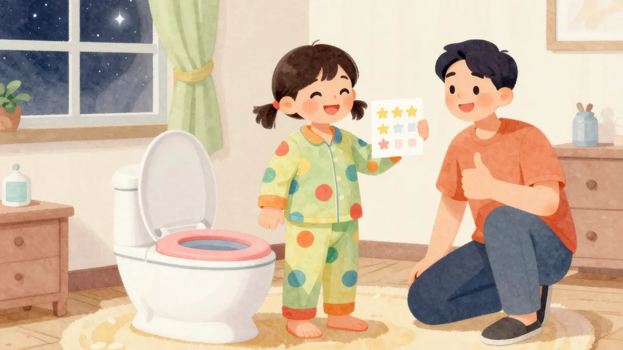 Dítě stojí vedle barevné noční toalety s plakátem hvězdiček, rodič se usmívá a dělá palec nahoru.